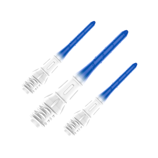 Špičky na šipky L-Style Premium s gradačním hrotem Lippoint (balení 30 kusů) Das Bild zeigt vier Dartspitzen mit einem Farbverlauf von Weiß zu Blau. Sie sind ordentlich in einer Kunststoffhalterung angeordnet.