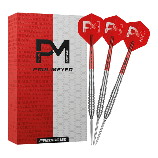 Das Bild zeigt die Precise 180 Paul Meyer Version 1 Steeldarts. Ein Satz Steeldarts, ideal für Dartspieler.