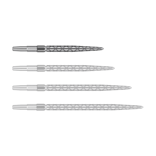 Zaměřte hroty šipek Swiss Diamond Pro Silver Points Das Bild zeigt vier silberne Dartspitzen mit einem rautenförmigen Muster. Sie sind nebeneinander auf weißem Hintergrund angeordnet.