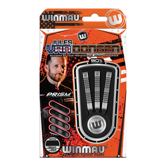 Winmau Jules Van Dongen měkké šipky - 20g Das Bild zeigt eine Verpackung der "Winmau Jules Van Dongen Softdarts - 20g". In der Packung befinden sich drei Softdarts mit 90% Tungsten.