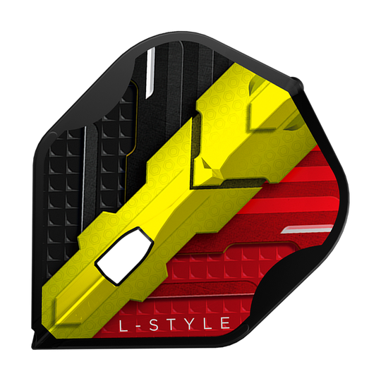 Das Bild zeigt ein L-Style V-Series V1 Type C Belgium Black L1PRO Flight. Das Flight ist in den Farben Schwarz, Gelb und Rot gestaltet, ähnlich der belgischen Flagge.