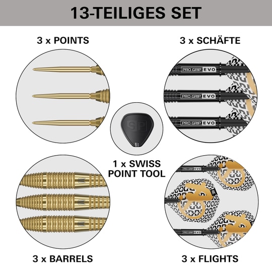 Ocelové šipky Target Bolide Envy 05 Swiss Point Das Bild zeigt die Target Bolide Envy 05 Swiss Point Steeldarts. Die Darts liegen deutlich sichtbar auf einem dunklen Hintergrund.