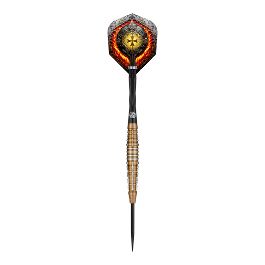 Dies ist ein moderner Steeldartpfeil namens "Shot Future Knights Hachette Steeldarts". Er hat ein auffälliges Design mit einem goldenen Stern und feurigen Details auf dem Flight.