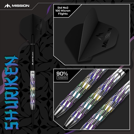Ocelové šipky Mission Shuriken Das Bild zeigt die Mission Shuriken Steeldarts. Diese Darts sind speziell für das Steeldart-Spiel entwickelt.