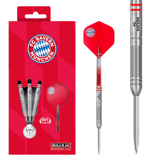 Zu sehen sind die Bulls FC Bayern München Tungsten Steeldarts. Das Produkt spricht Dartspieler und Bayern München Fans an.