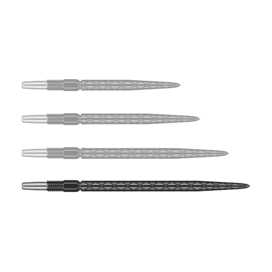 Zaměřte hroty šipek Swiss Diamond Pro Black Points Auf dem Bild sind vier schwarze Dartspitzen mit einem diamantförmigen Muster zu sehen. Sie sind in einer waagerechten Reihe angeordnet.