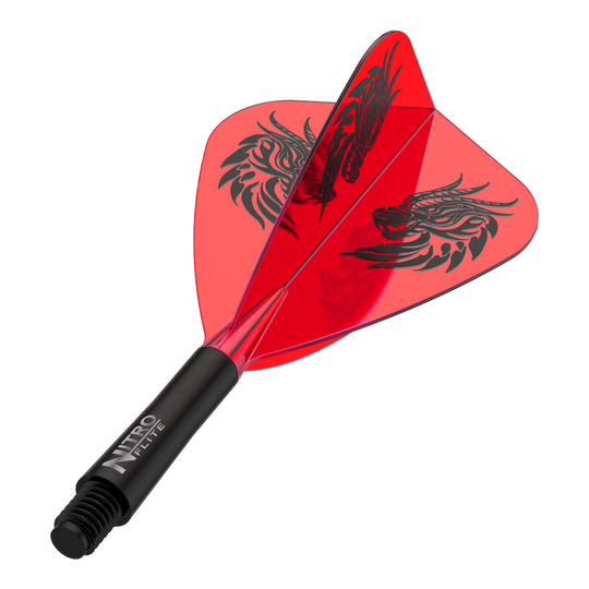 Red Dragon Nitro Flite - Lety s drakem Jonnyho Claytona Dart-Flights zu sehen, vermutlich Jonny Clayton Kite Flights in kurzer Variante. Die Flights sind in dunklem Design gehalten.