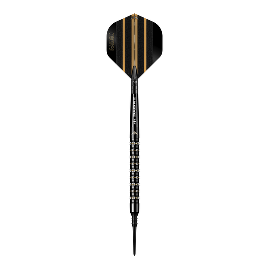 Šipky Mission Mike De Decker MDD Black Gold Soft - 20g Das Bild zeigt einen Softdartpfeil namens "Mission Mike De Decker MDD Black Gold Softdarts - 20g". Der Pfeil ist schwarz mit goldenen Akzenten und hat eine schmale Spitze.