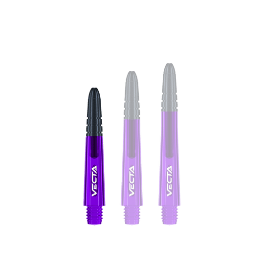 Das Bild zeigt drei lilafarbene Dartschäfte mit schwarzen Spitzen. Auf jedem Schaft steht das Wort "VECTA" in weißer Schrift.