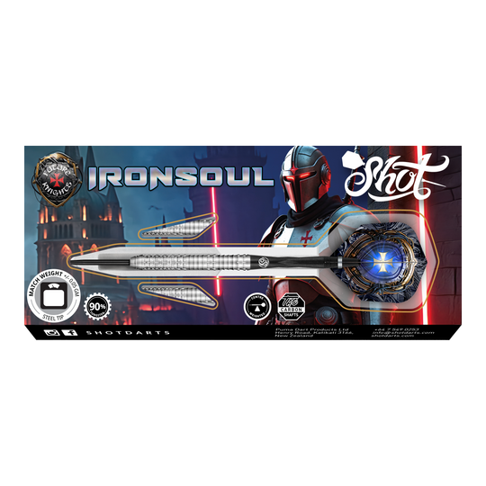Das Bild zeigt die Verpackung der "Shot Future Knights Ironsoul Steeldarts". Im Hintergrund ist ein futuristischer Ritter neben den abgebildeten Darts zu sehen.
