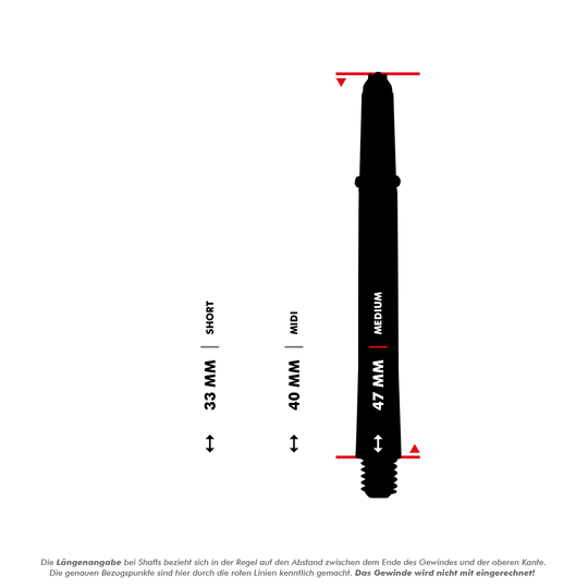 Das Bild zeigt die verschiedenen Längen der Harrows Supergrip Fusion Shafts in Grün. Die Längen sind mit 33 mm (Short), 40 mm (Midi) und 47 mm (Medium) angegeben.