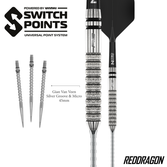 Ocelové šipky Red Dragon Gian Van Veen Tour Edition Switch Point - 21g Gezeigt werden die Red Dragon Gian Van Veen Tour Edition Switch Point Steeldarts - 21g aus einer anderen Perspektive. Das Design ist sportlich und funktional.