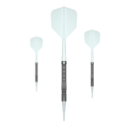 Das Bild zeigt die Caliburn Prisma P2 Softdarts - 20g. Zu sehen ist ein Set von modernen Softdarts.