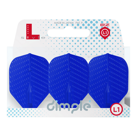 Letky ve stylu L Dimple Champagne L1EZ Standard Auf dem Bild sind drei blaue Dart-Flights in einer Verpackung zu sehen. Die Verpackung trägt die Aufschrift "dimple" und das Logo "L-style".