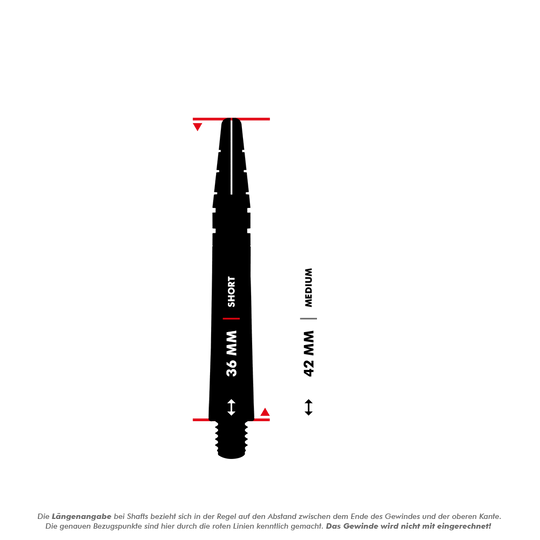 RDS440_Red_Dragon_Nitrotech_Shafts_5_36mmrilAsIuMshX8O Das Bild zeigt zwei Dartschäfte unterschiedlicher Länge, einen mit 36 mm (Short) und einen mit 42 mm (Medium). Die roten Linien markieren die Bezugspunkte für die Längenmessung, wobei das Gewinde nicht mitgerechnet wird.