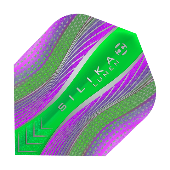 HF5125_Harrows_Silikia_Lumen_Purple_Green_No6_Flights_1 Harrows Silika Lumen Purple Green No6 Flights mit auffälligem Farbverlauf. Die Flights sind fächerförmig sichtbar.