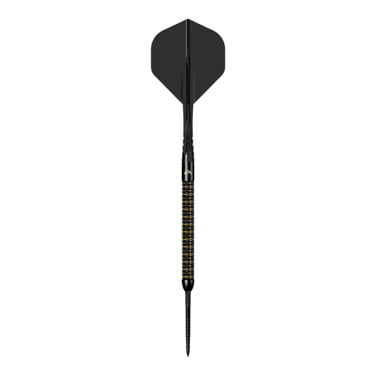 Hier sind die Mission Mike De Decker World Grand Prix Limited Edition Black Gold Steeldarts mit 24g abgebildet. Das Design hebt sich durch die Farben Schwarz und Gold hervor.