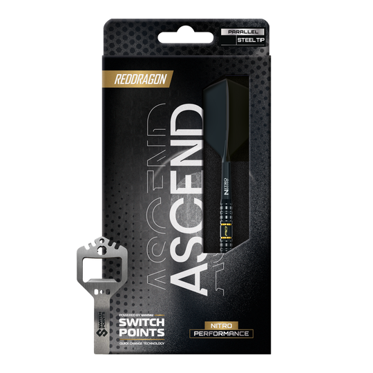 Ocelové šipky Red Dragon Ascend Parallel Switch Point Zu sehen sind drei Red Dragon Ascend Parallel Switch Point Steeldarts gruppiert in einer Reihe. Die Darts heben ihre hochwertige Verarbeitung hervor.