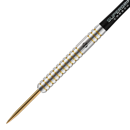 Das Bild zeigt einen Harrows Anniversary Edition The Original Steeldart. Der Dartpfeil hat ein silbernes Barrel mit goldenen Rillen und einer goldenen Spitze.
