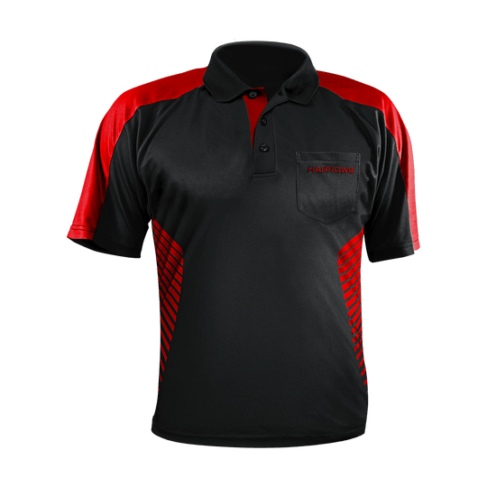 17416-Harrows-Vivid-Dartshirt-Black-Red-1 Das Bild zeigt das Harrows Vivid Dartshirt in Schwarz und Feuerrot. Das Shirt hat rote Akzente an den Schultern und Seiten sowie eine Brusttasche mit dem Harrows-Logo.