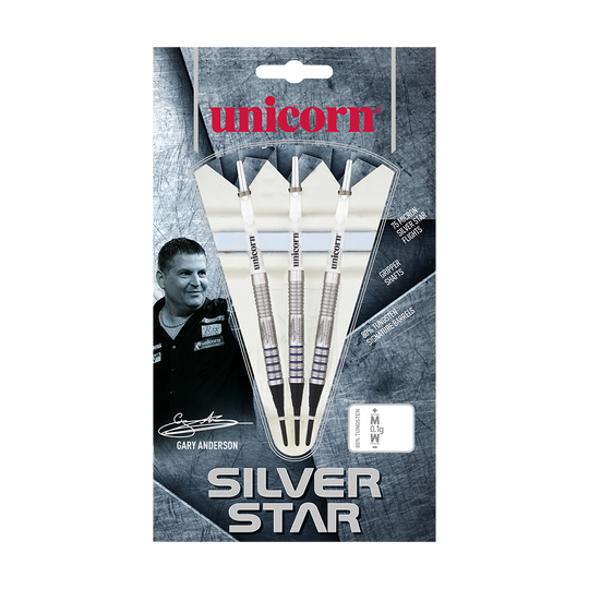 04771_Unicorn_Silver_Star_Var2_Gary_Anderson_Softdarts_3 Das Bild zeigt eine Packung „Unicorn Silver Star Var.2 Gary Anderson Softdarts“. Auf der Verpackung sind drei Softdarts und ein Foto von Gary Anderson abgebildet.