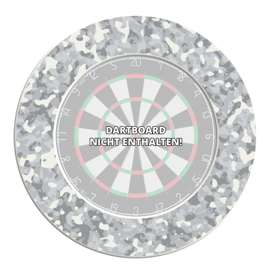 Obložení terče McDart Camo Dieses Bild zeigt ein Dartboard-Surround mit Schneetarnung. Das Produkt ist rund und dient als Schutz für die Wand beim Dartspielen.
