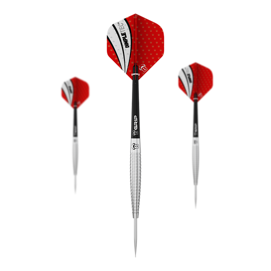 Ocelové šipky Bulls Dot D6 Das Bild zeigt drei Steeldarts mit roten Flights und silbernen Spitzen. Die Flights haben ein weiß-schwarzes Muster mit dem Aufdruck "PIMPLETEC".