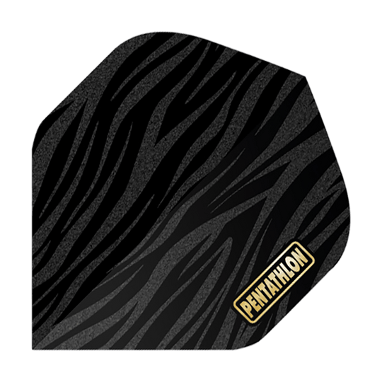 Lety v pětiboji RT Zebra Das Bild zeigt ein Dartflight mit einem Zebra-Muster in Schwarz und Grau. In der unteren Ecke steht das Wort "Pentathlon" in gelber Schrift.