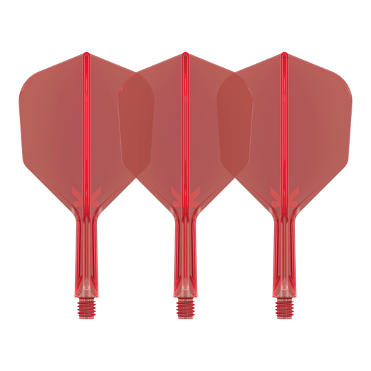 Letový systém Target K-Flex No6 - červený Auf dem Bild sind drei rote Dart-Flights mit Shafts zu sehen. Sie sind identisch und stehen nebeneinander auf weißem Hintergrund.