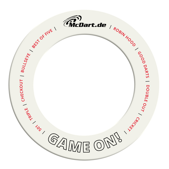 McDart Game On Dartboard Surround Das Bild zeigt ein weißes Dartboard-Surround. Es sorgt dafür, dass Pfeile die Wand nicht beschädigen.