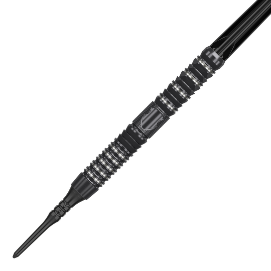 Měkké šipky Target Japan Black Marque Draco GEN2 - 20g Das Bild zeigt einen Target Japan Black Marque Draco GEN2 Softdart mit einem Gewicht von 20g. Der Dart ist schwarz-silbern und hat ein modernes, gerilltes Design für besseren Halt.