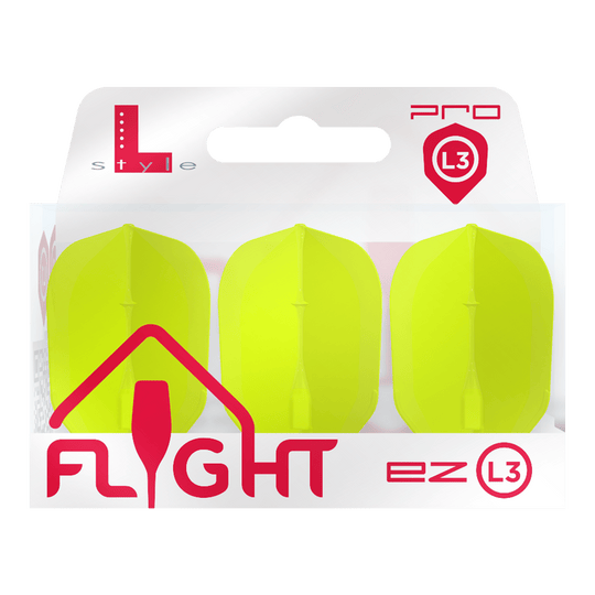 Lety L-L-Style3EZ Das Bild zeigt eine Packung mit drei neon-gelben Dart-Flights der Marke L-Style. Auf der Verpackung steht „FLIGHT ez L3 Pro“.