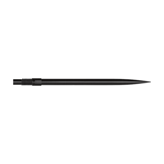 Špičky šipek Harrows Quick Point - černé Schwarze Dartspitzen mit einer Länge von 40 mm sind zu sehen. Sie liegen sortiert auf einer hellen Fläche.