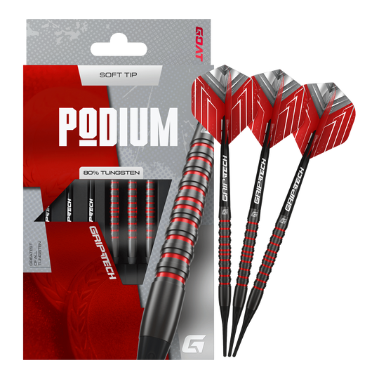 Hier sieht man die GOAT Podium Black Softdarts - 20g in voller Länge. Die schwarzen Darts sind detailliert dargestellt.