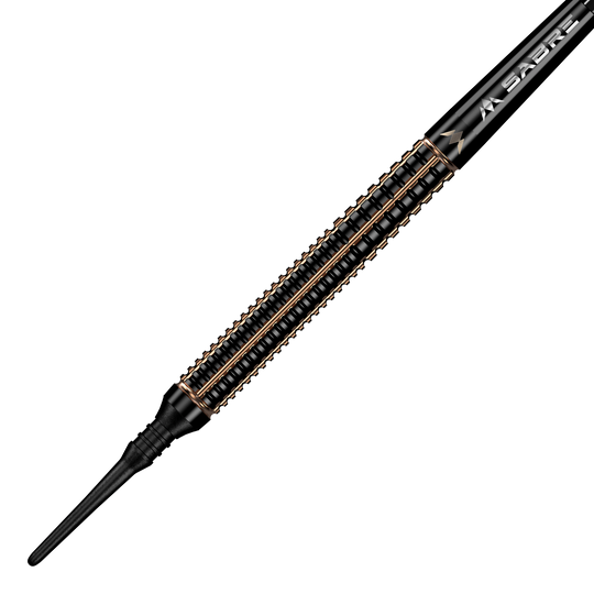 Das Bild zeigt einen Mission Scorpion Softdart mit einem Gewicht von 19 Gramm. Der Dart hat ein elegantes, schwarzes Design mit goldfarbenen Akzenten.