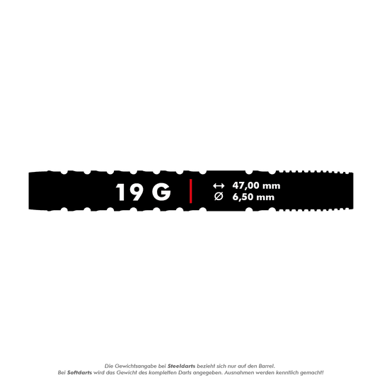 210324_Target_Luke_Littler_GEN1_Softdarts_5_19g Das Bild zeigt die Produktdetails der "Target Luke Littler GEN1 Softdarts - 19g". Die Darts wiegen 19 Gramm, sind 47,00 mm lang und haben einen Durchmesser von 6,50 mm.