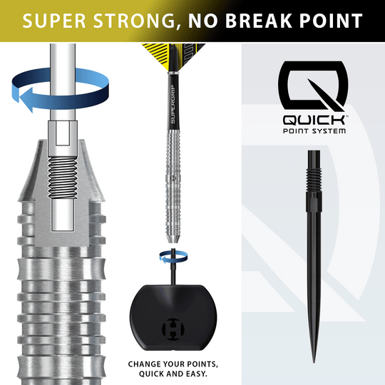 Harrows NX90 Parallel Quick Point Steeldarts sind auf diesem Bild zu sehen. Das Produkt bietet eine ausgezeichnete Balance für Dartspieler.