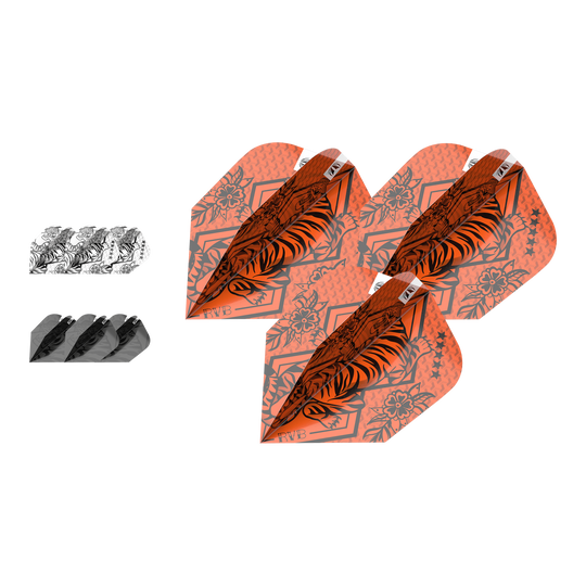 Target Ink Bundle 3 Sets Raymond Van Barneveld Ten-X Flights Das Bild zeigt drei verschiedene Sets von Raymond Van Barneveld Ten-X Dartflights. Die Flights haben auffällige Muster in den Farben Orange, Schwarz und Weiß.
