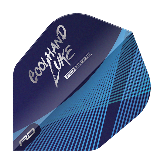Letky Red Dragon Luke Humphries Coolhand Blue Silver No6 Das Bild zeigt ein Dartflight in Blau mit silbernen und blauen Linien. Auf dem Flight steht der Schriftzug „Coolhand Luke“ und das Logo „RD Pro Design“.