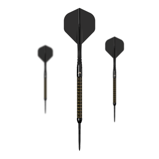 Das Bild zeigt ein Set der Mission Mike De Decker World Grand Prix Limited Edition Black Gold Steeldarts mit 24g. Die Darts überzeugen optisch durch ihr auffälliges Schwarz-Gold-Design.