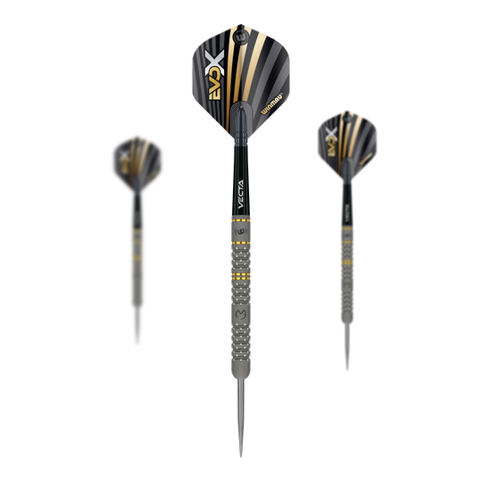 Ocelové šipky Winmau Michael Van Gerwen Evo-X Das Bild zeigt drei Winmau Michael Van Gerwen Evo-X Steeldarts mit schwarzer und goldener Optik. Die Darts haben ein modernes Design und sind in einer Vorder- und zwei Seitenansichten dargestellt.