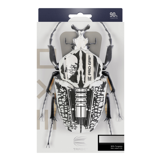 Měkké šipky Target EXO 10 Die Verpackung zeigt die Target EXO 10 Softdarts, bei denen ein Dartpfeil kreativ als Teil eines Käfers dargestellt ist. Oben steht, dass die Darts aus 90 % Tungsten bestehen.