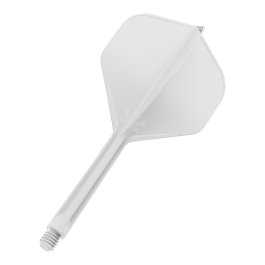 Standardní letový systém Target K-Flex No2 - bílý Das Bild zeigt einen weißen Dartflügel mit integriertem Schaft. Der Schaft hat ein Schraubgewinde am Ende zur Befestigung am Dartpfeil.