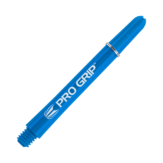 Das Bild zeigt einen blauen Pro Grip Shafts für Darts. Auf dem Schaft steht in weißer Schrift "PRO GRIP".