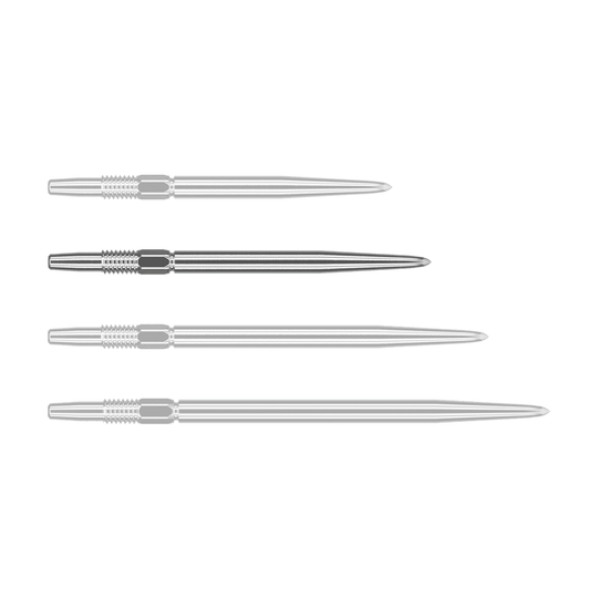 Zaměřte hroty šipek Swiss Point Silver Das Bild zeigt vier silberne Dartspitzen, die nebeneinander liegen. Sie sind lang, schmal und haben ein geriffeltes Stück am oberen Ende.