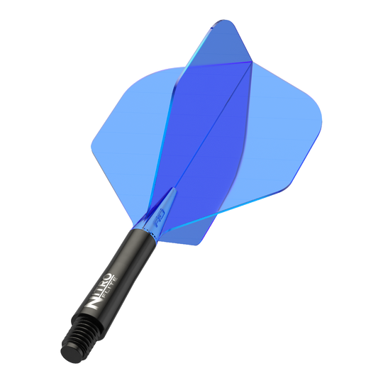 Red Dragon Nitroflite - Black Shaft Blue No. 2 Flights Auf dem Bild ist ein blauer Dartflug mit schwarzem Schaft zu sehen. Der Schaft trägt die Aufschrift "Nitro Flite".