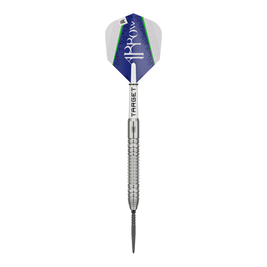 Ocelové šipky Target Shane McGuirk GEN1 Swiss Point - 23g Auf dem Bild ist der Target Shane McGuirk GEN1 Swiss Point Steeldart mit 23g zu sehen. Der Dartpfeil hat ein silbernes Griffstück und eine blau-weiße Flight mit grünem Akzent.