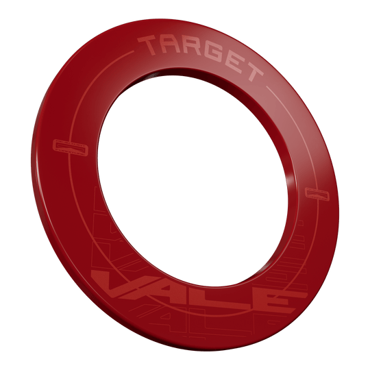 Obložení terče Target VALE Das Bild zeigt das Produkt "Target VALE Dartboard Surround" in einem kräftigen Rotton. Es handelt sich um einen runden Schutzring für eine Dartscheibe mit der Aufschrift "TARGET" und "VALE".