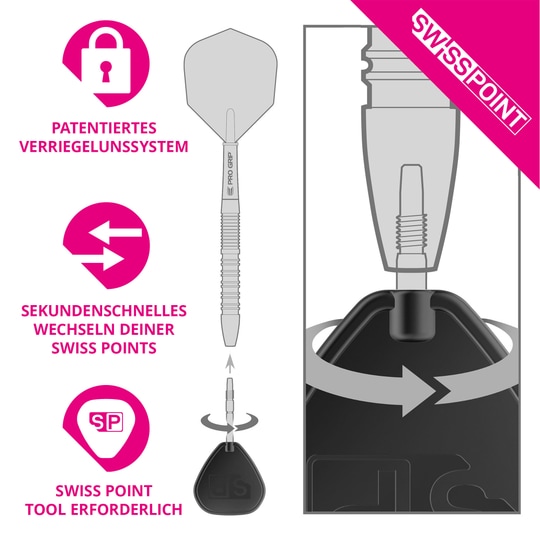 Ocelové hroty na šipky Target Swiss Point Storm Surge - zlaté Das Bild zeigt ein patentiertes Verriegelungssystem für Dartspitzen namens Swiss Point. Es erklärt, dass der Wechsel der Spitzen in Sekundenschnelle mit einem speziellen Werkzeug möglich ist.