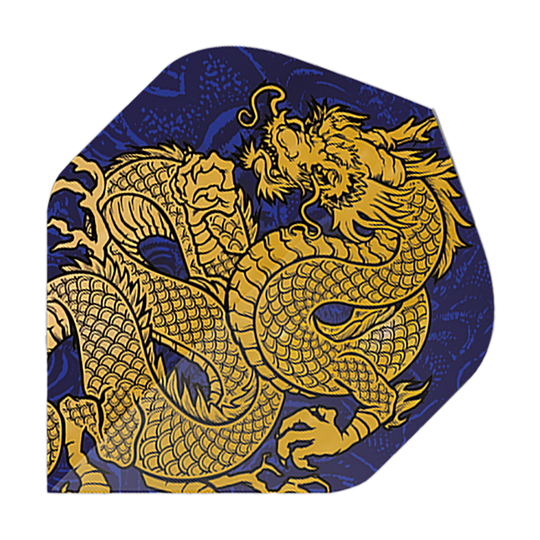 Pentathlonové lety Dragon blue Das Bild zeigt ein Dart-Flight mit einem goldenen Drachenmotiv auf dunkelblauem Hintergrund. Es handelt sich um das Produkt "Pentathlon Dragon 4 Standard Flights".